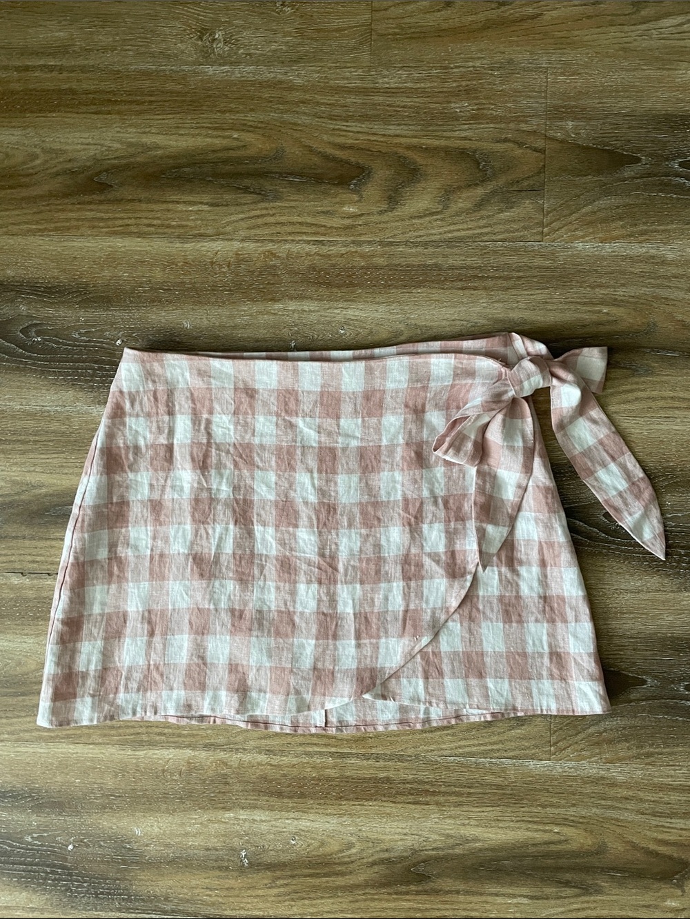 Reformation Sax Gingham Mini Faux Wrap Skirt 100% Linen